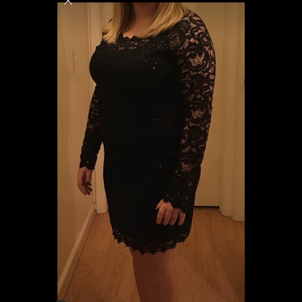 Sequin Hearts Black Lace Long Sleeve Prom Dress